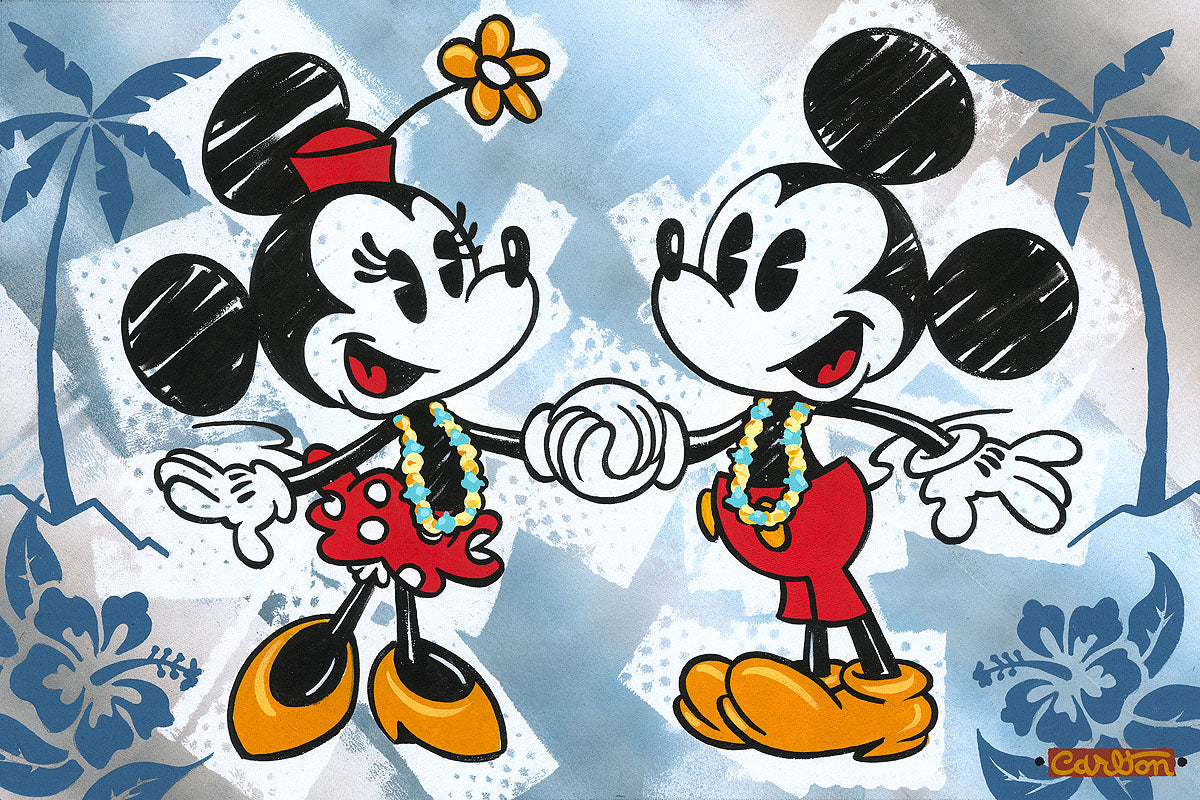 This is Bliss by Trevor Carlton.  Mickey and Minnie holding hands...the the bliss of the tropical island.