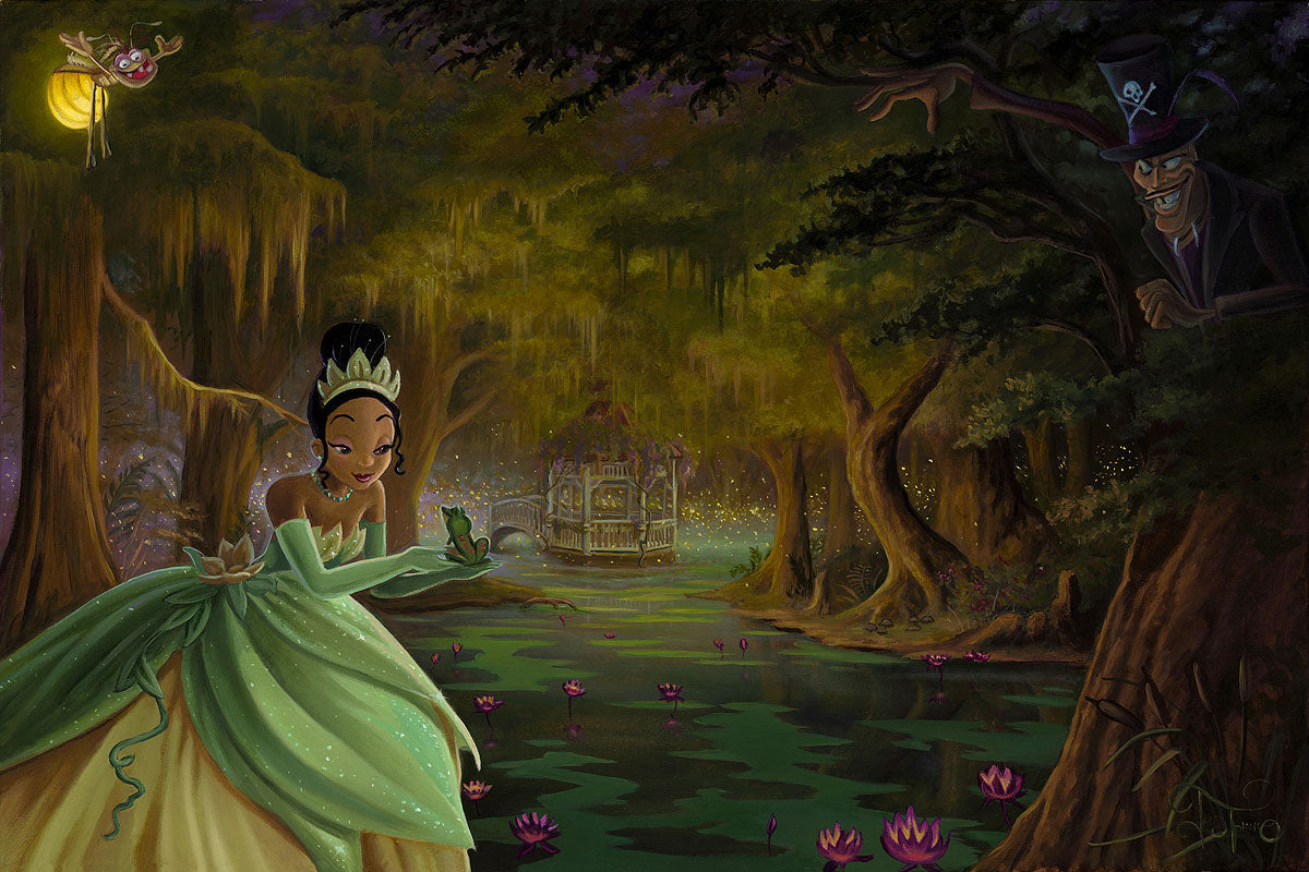 Princess Tiana is holding the prince frog in the palm of her hand.