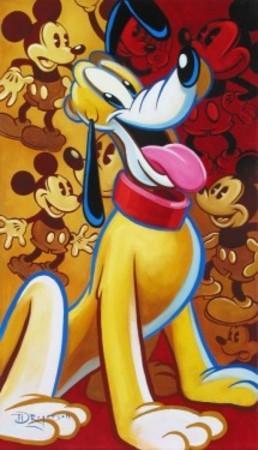Pluto's happy pose, with Mickey images all over the background.