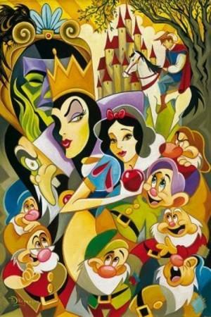 A colorful collage of all characters in Snow White life starting with Seven Dwarfs, Evil Queen, and Prince Charming