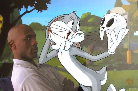 Bugs Bunny playing around with Michael Jordan.