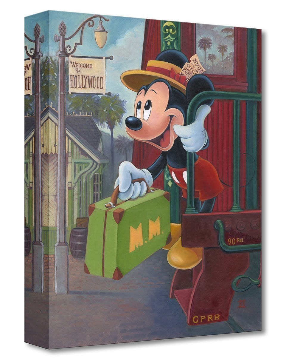 Mickey getting off the train, holding his suitcase as he arrives in Hollywood train station.