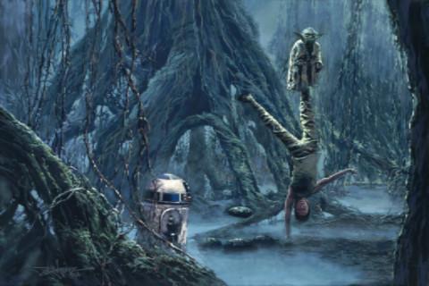 In the swamps of Dagobah, Yoda trains Luke as Artoo looks on.