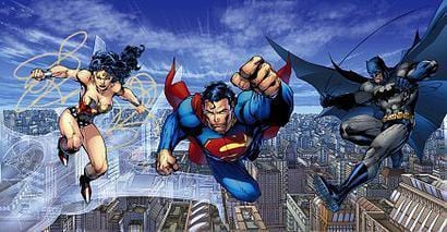 Wonder Woman, Superman and Batman flying over Harlem City