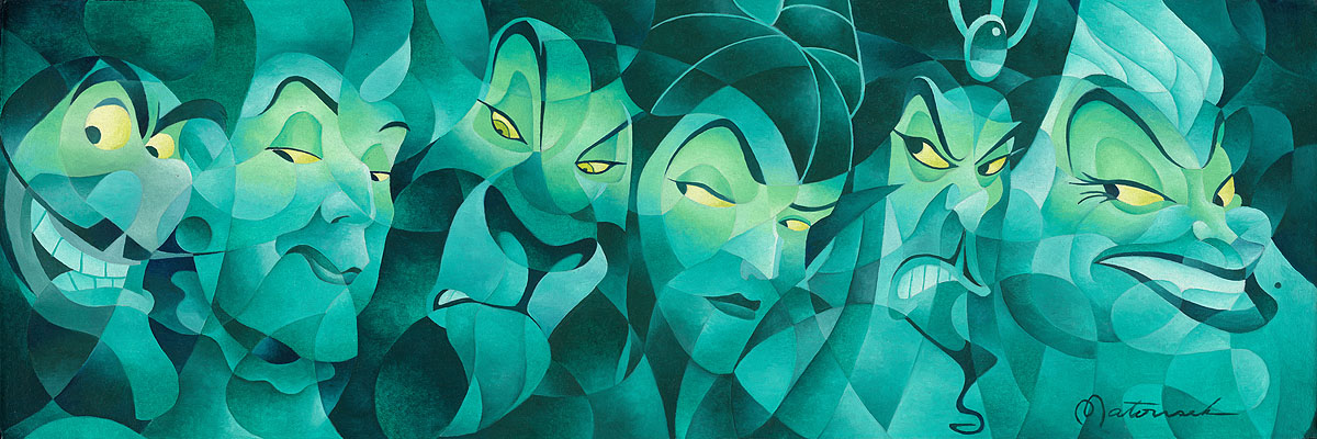 Trust No One by Tom Matousek.  A line-up of Disney's Evil Villains; Caption Hook, Lady Tremaine, Scar, Jafar, and Ursula.