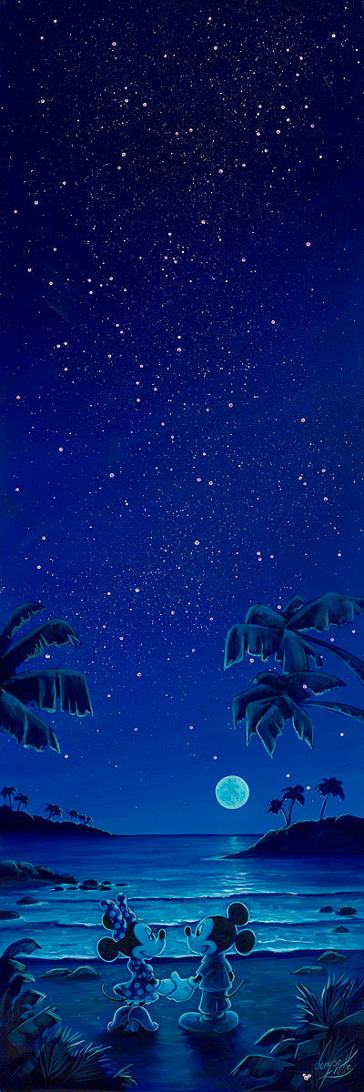 Mickey and Minnie hold hands as they stare into each other eyes under the stars and moon light.