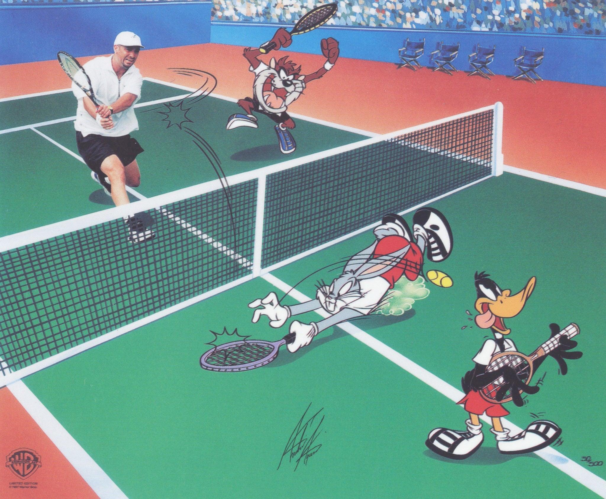 Features the World-Class talent of André Agassi and teammate Taz in a distinctive “mixed-up doubles” competition vs. “That Oscar-winning Rabbit” Bugs Bunny and his slightly distracted partner Daffy Duck.