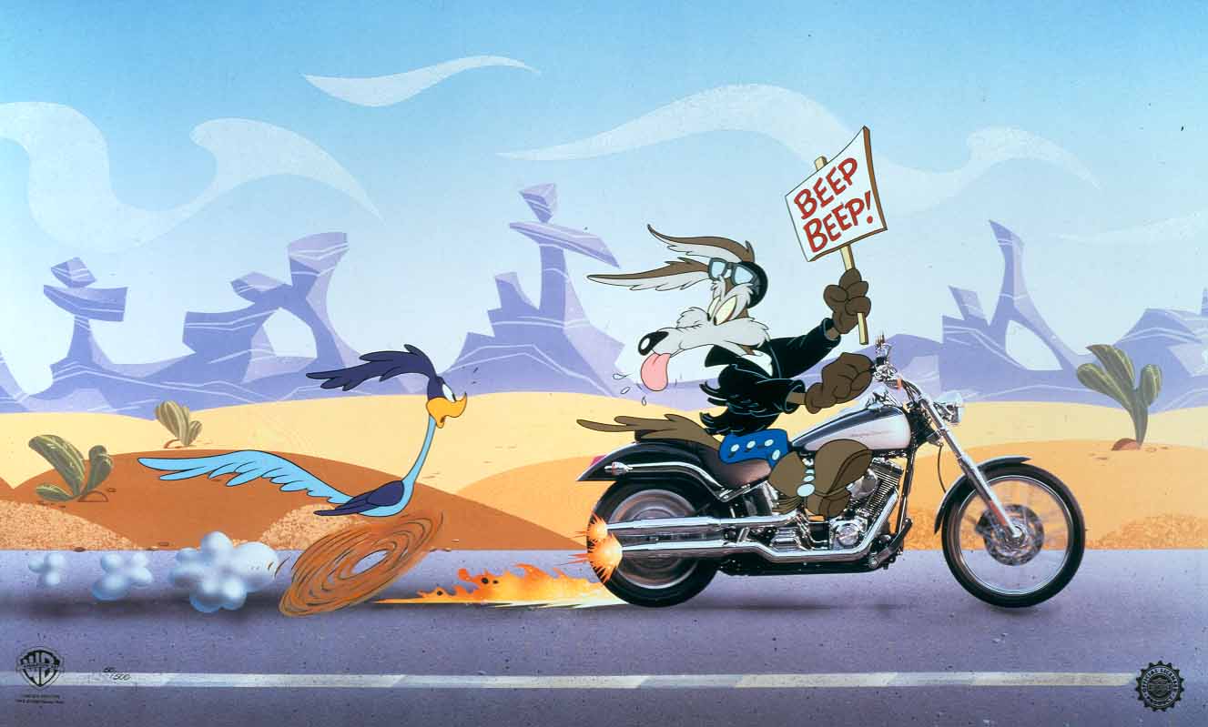 The Road Runner chases Wile E. Coyote speeding down the desert road. in his Harley Davidson motorcycle.