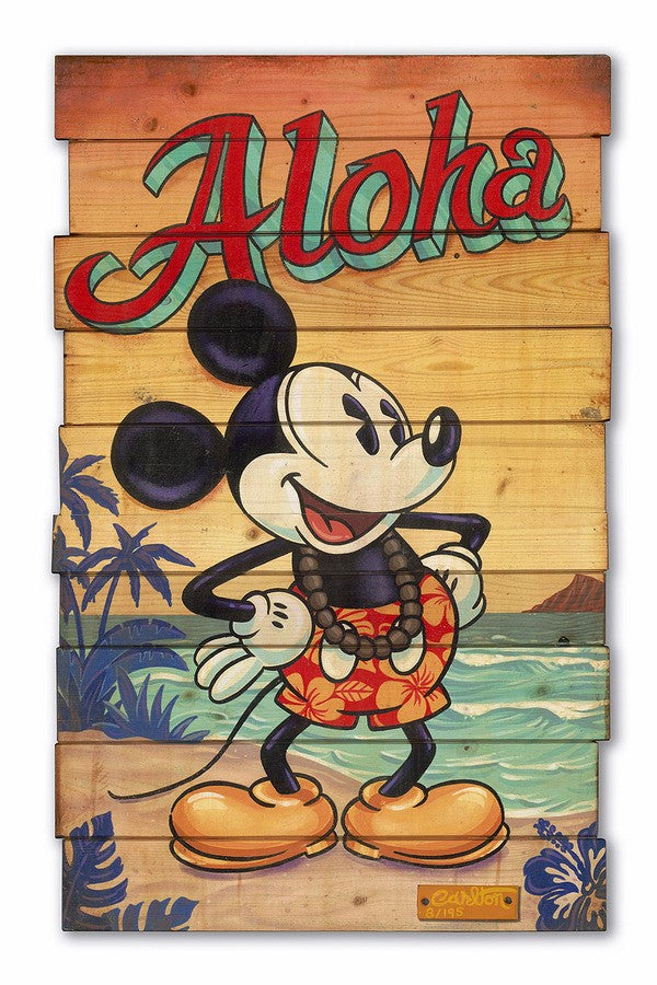 Waves of Aloha By Trevor Carlton.  Mickey at his best, wearing a red and white stripe vintage swimsuit.