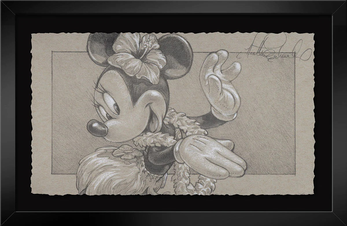 Minnie is all dressed up, in a hula skirt, and appears to be on vacation. 
