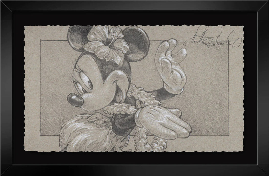 Minnie is all dressed up, in a hula skirt, and appears to be on vacation. 