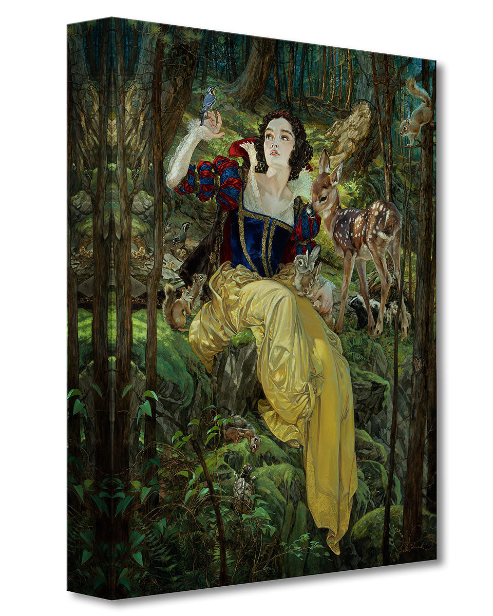 Heather Edwards' masterful interpretation of Snow White, "With a Smile and a Song."  - Snow White sitting  in the woods with her furry friends around her..