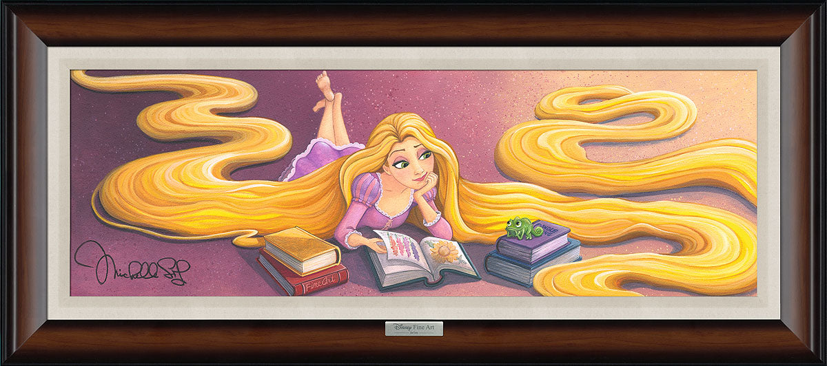 Rapunzel lays on the floor with her stacks of novel-story books as Pascal sits and watches her flip through the pages.