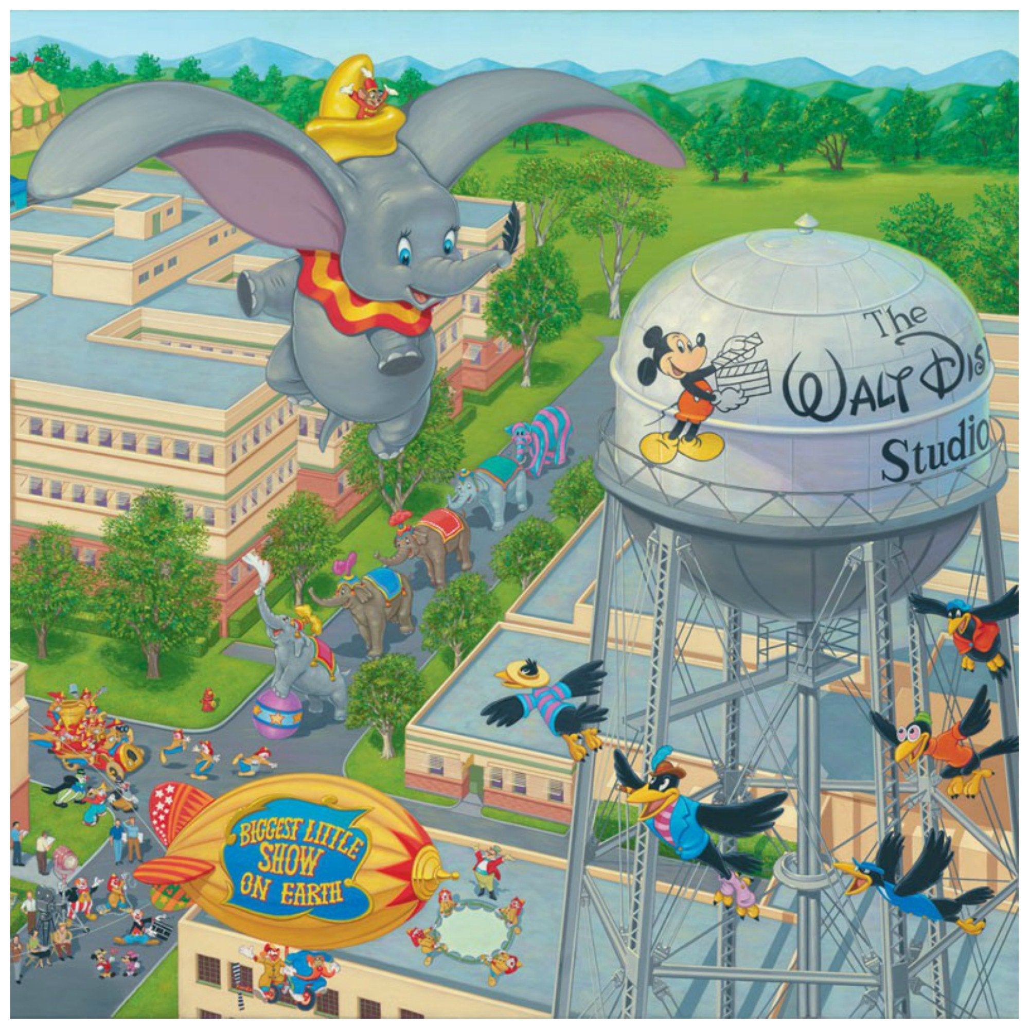 A Day at the Studio by Manuel Hernandez  The circus is in town, a trail of circus elephants parade through the streets of  Walt Disney's Studios, as Dumbo and Timothy watch from above, as they fly over the studio -closeup