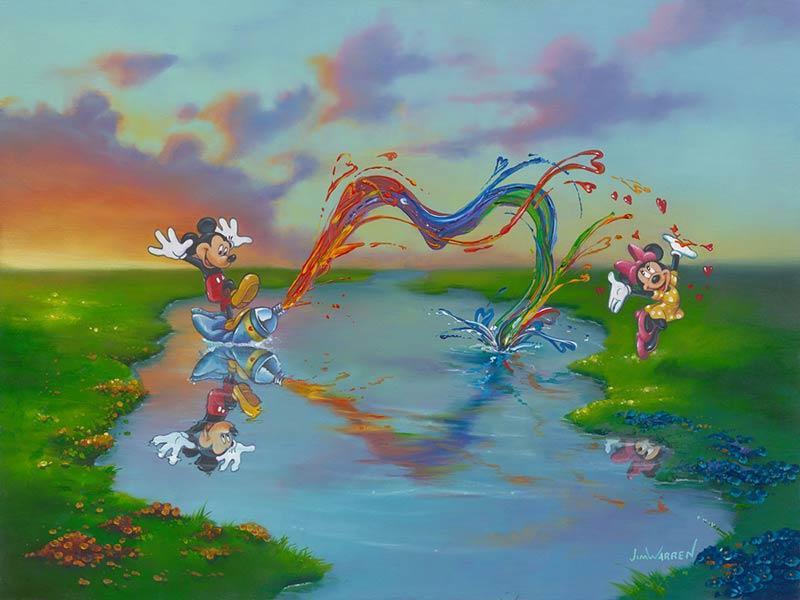 Mickey jumping on a tube of paint and squirts a colorfull blast of paint toward Minnie