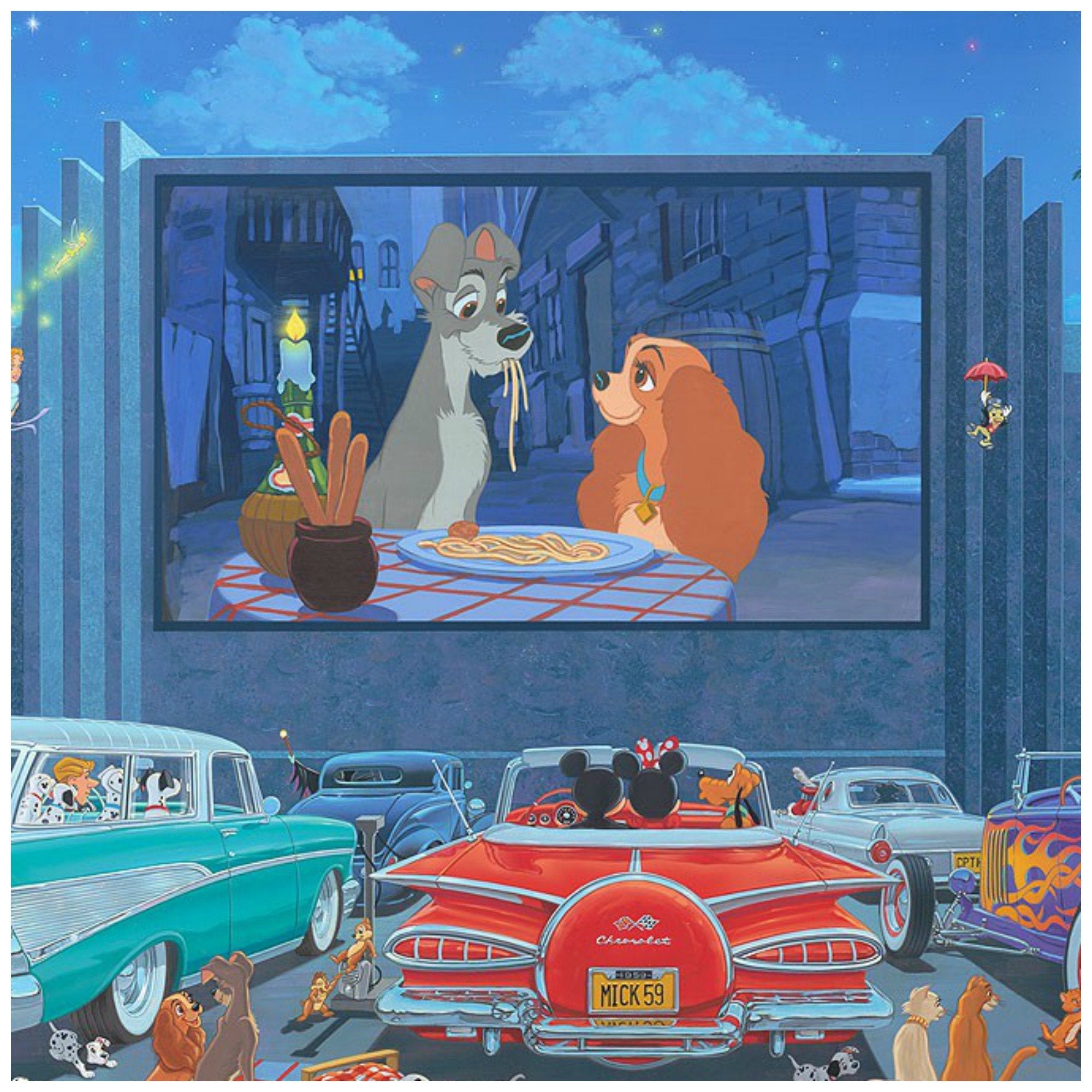 A Night at the Movies by Manuel Hernandez.  Mickey and Minnie at the Drive-in movie, watching a Lady and the Trap movie - closeup