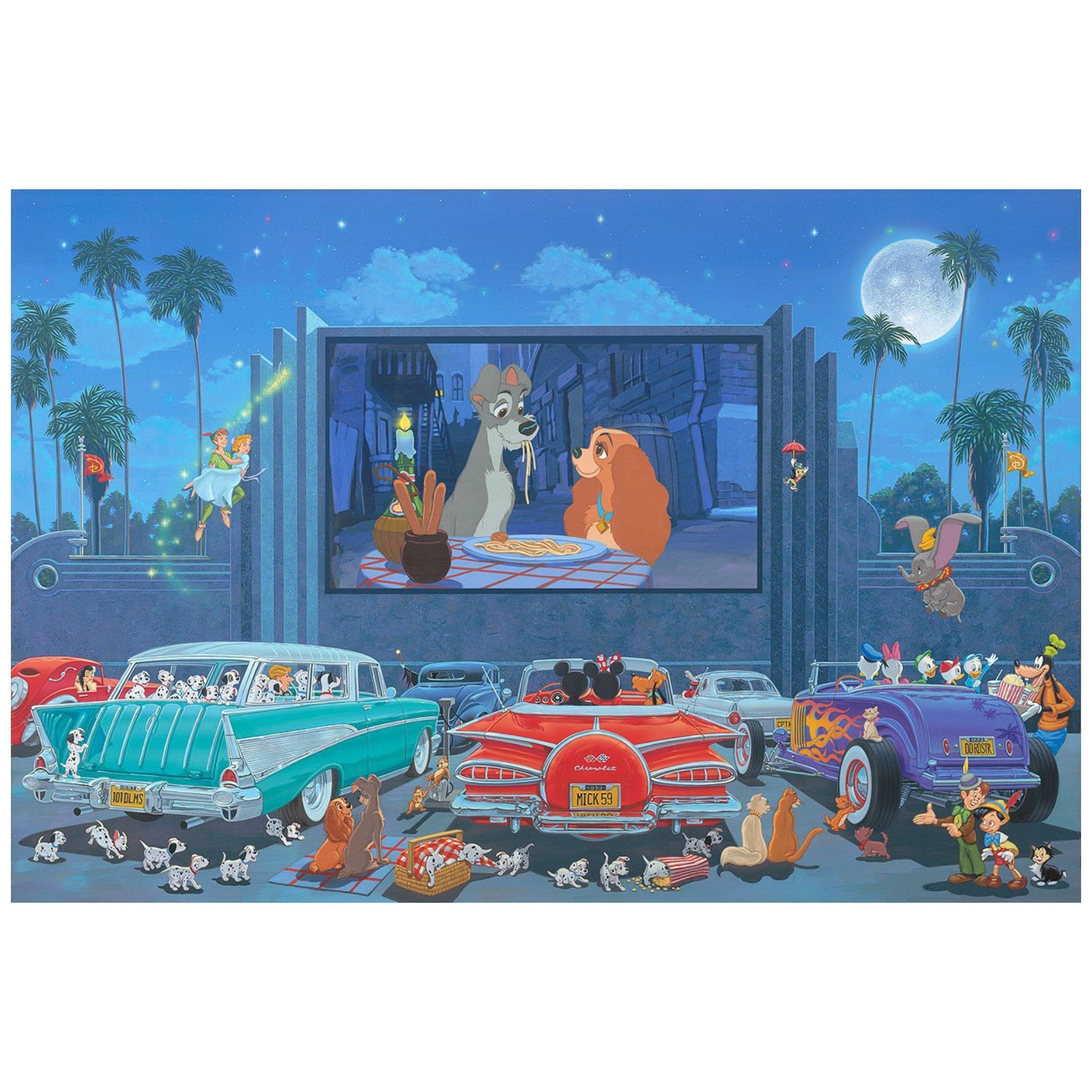 A Night at the Movies by Manuel Hernandez.  Mickey and Minnie at the Drive-in movie, watching a Lady and the Trap movie.