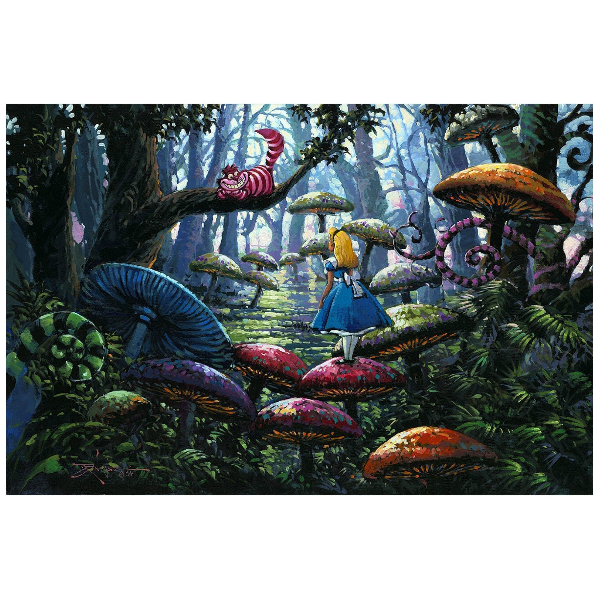  A Smile You Can Trust by Rodel Gonzalez.  Alice is being followed by the Cheshire cat as she wonders through the giant mushrooms trail in the woods of Wonderland.
