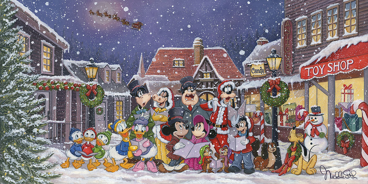 Mickey and Minnie are joined by the village's Christmas carolers in the village square on a snowy winter night.