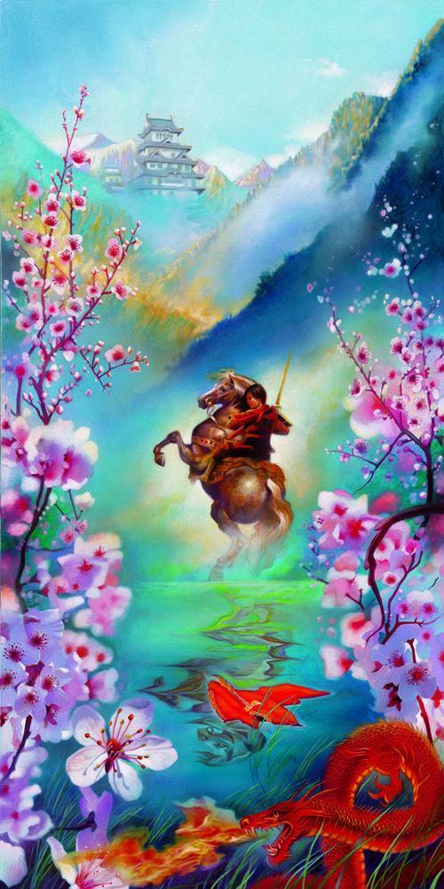 A Warrior's Reflection by John Rowe  Mulan, sees her reflection in the pond, as she rides her horse through the water.