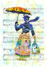 Mary Poppins holding her yellow umbrella, in from of the melody tune sheet.