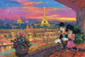 Mickey and Minnie on a balcony over seeing the view of Paris Eiffel tower, at sunset.