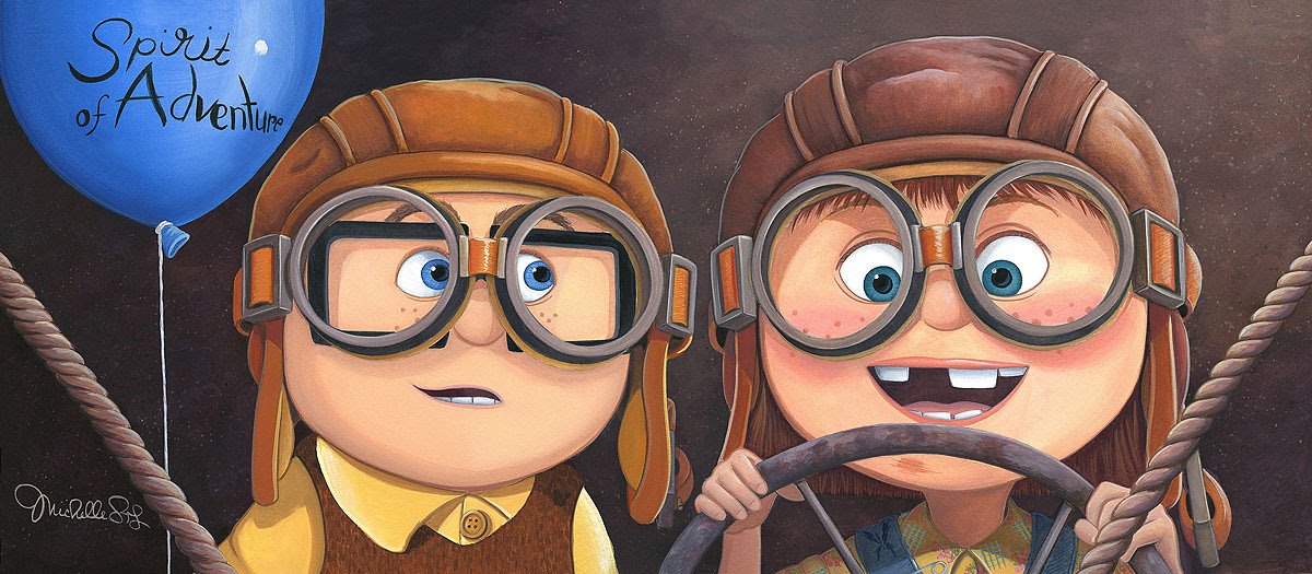 Features young Carl and Ellie wearing pilot glasses, as they start the adventure of their lives. Artwork inspired by Pixar's beloved classic  movie "UP".