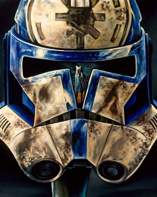 Helmet of a trooper, showing the reflection of Ahoska. - Canvas 