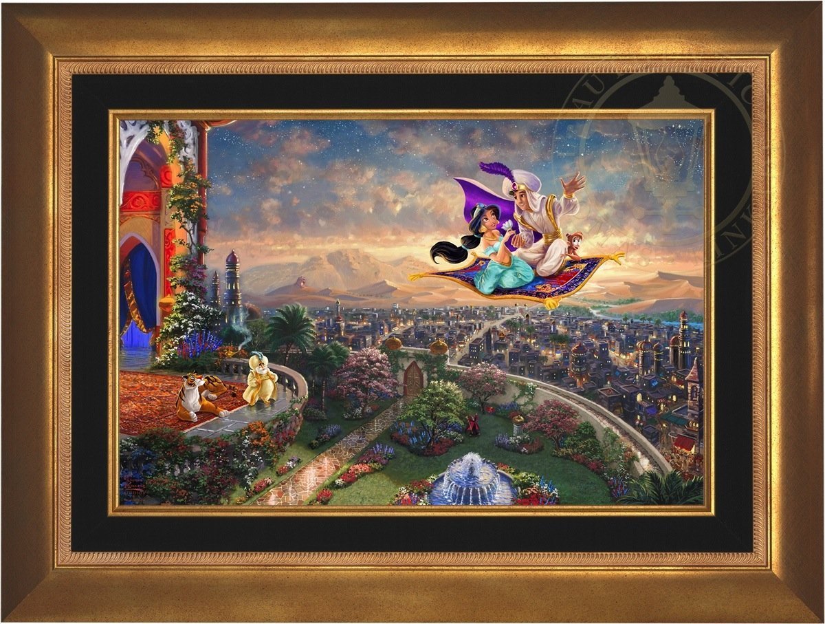 Aladdin and Jasmine soar above Agrabah and the neighboring kingdom on a magic carpet ride, as the Sultan of Agrabah (her father) and her over protective pet tiger Rajah watch - Aurora Gold Frame