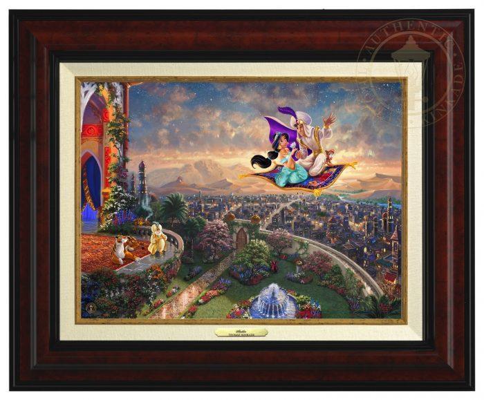 Aladdin and Jasmine fly away on the magic carpet, the Sultan and Rajah watch from the castle&