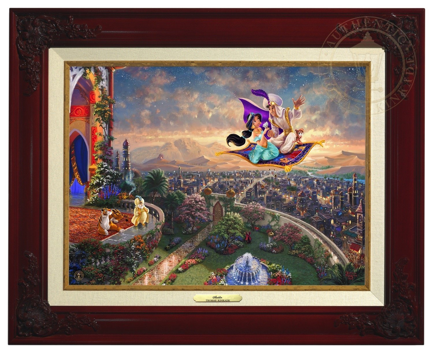Aladdin and Jasmine fly away on the magic carpet, the Sultan and Rajah watch from the castle&