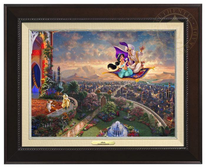 Aladdin by Thomas Kinkade.  Aladdin and Jasmine fly away on the magic carpet, the Sultan and Rajah watch from the castle's balcony - Espresso Frame