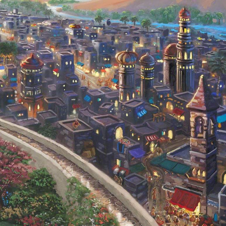 Other characters can also be seen throughout the village such as the fire-breather and the three girls on the roof who are in love with Aladdin - closeup.