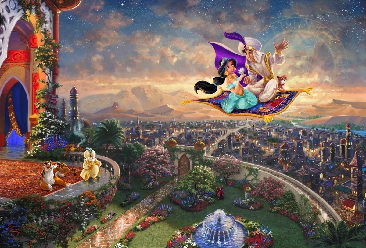Aladdin and Jasmine soar above Agrabah and the neighboring kingdom on a magic carpet ride - unframed,