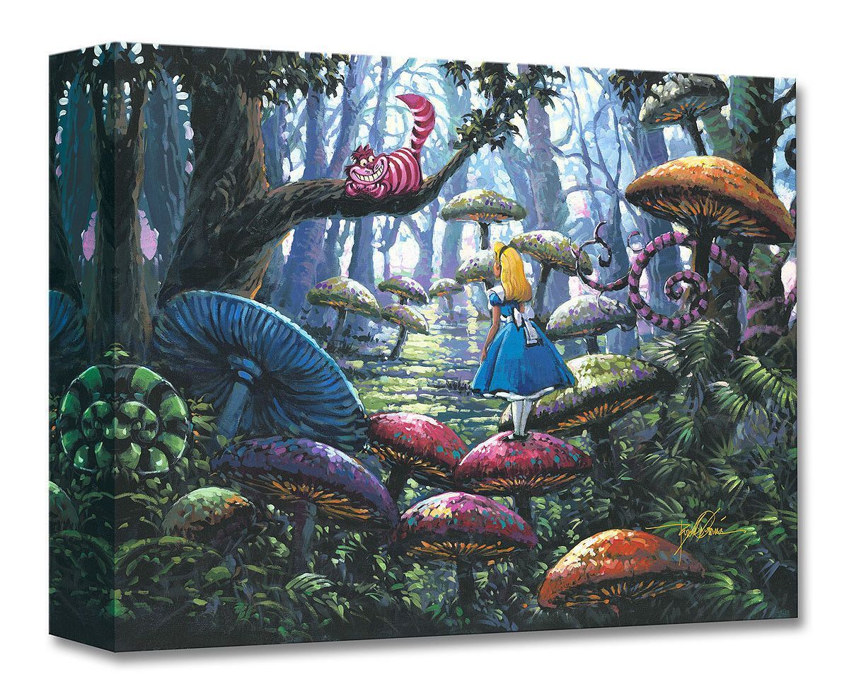 Alice wonders through the woods of Wonderland and meets the smiling Cheshire Cat