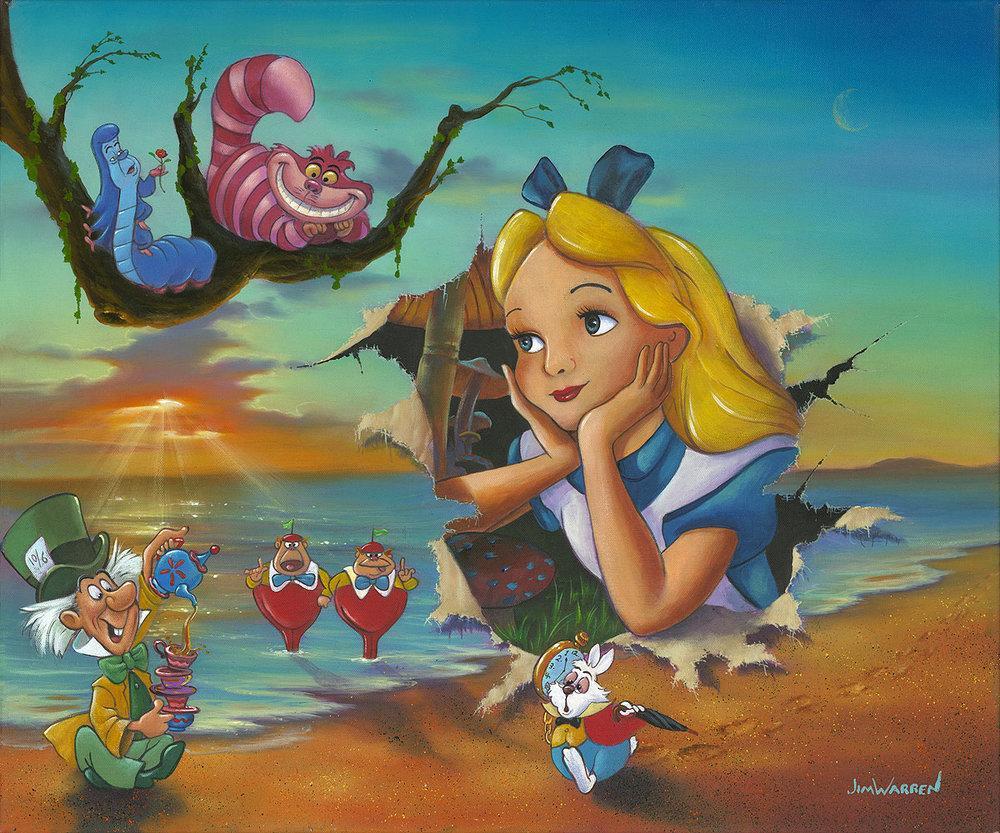Alice's Grand Entrance by Jim Warren.  Alice's dashes out of an ocean scene canvas painting, to meet her friends from Wonderland.