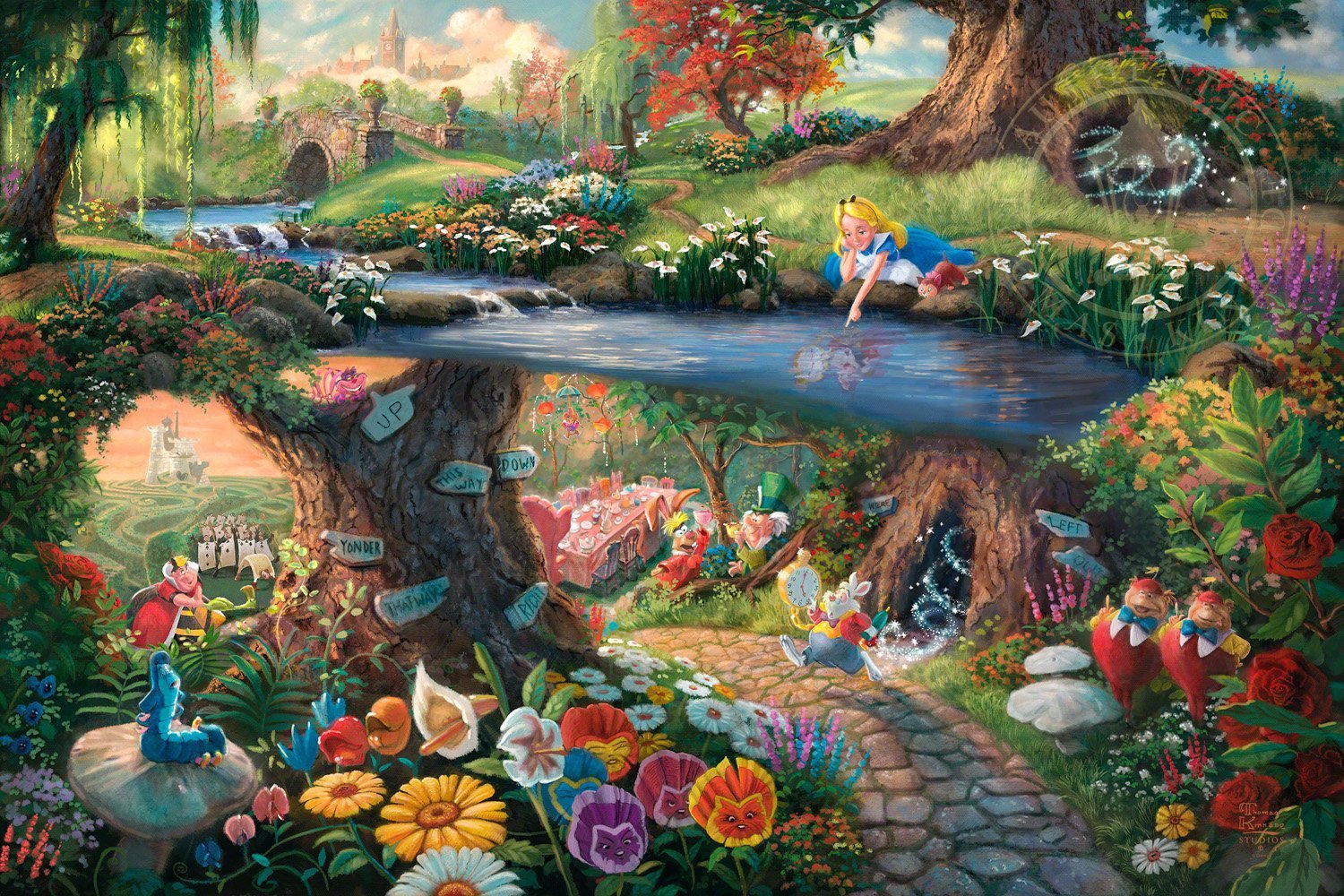 Alice in Wonderland captures all characters, in this beautiful colorful landscape. The hurried White Rabbit, the enigmatic Caterpillar, the lunatic Mad Hatter, the nonsensical Tweedledee, and Tweedledum all play a part in the world down the hole. Alice, viewing it all with a child&