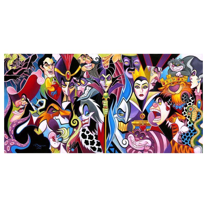 All Their Wicked Ways by Tim Rogerson features Disney beloved villains, featuring Maleficent, Cruella de Ville, Ursulla, Captain Hook, Jafar, Shere Khan, Scar, and many more in this colorful collage.
