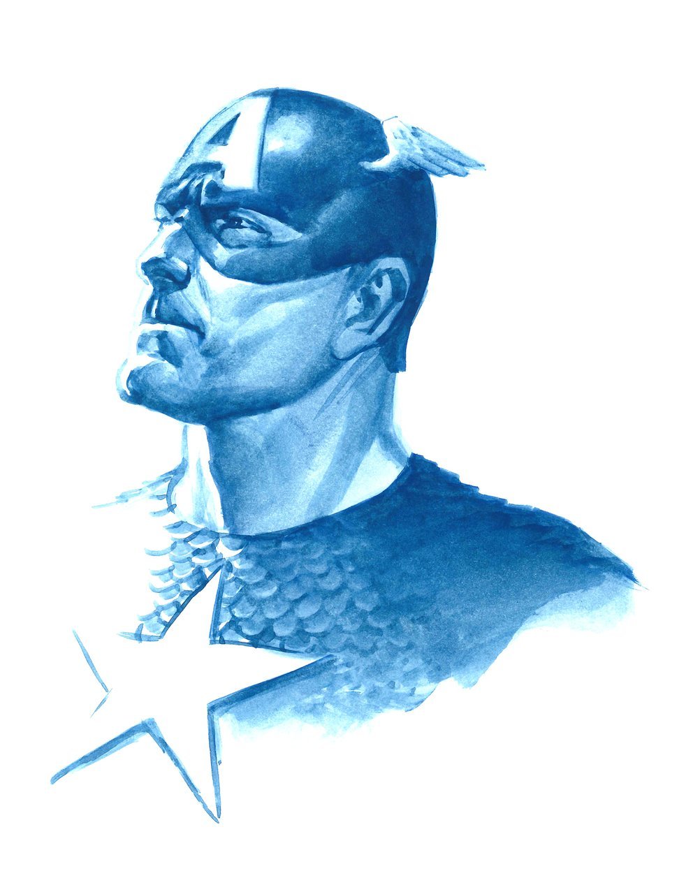 Captain America: Allegiance by Alex Ross  Portrait of Captain America captures the shades of blue, Ross reveals the nature of Captain America in a single expression; loyal, faithful, and courageous.