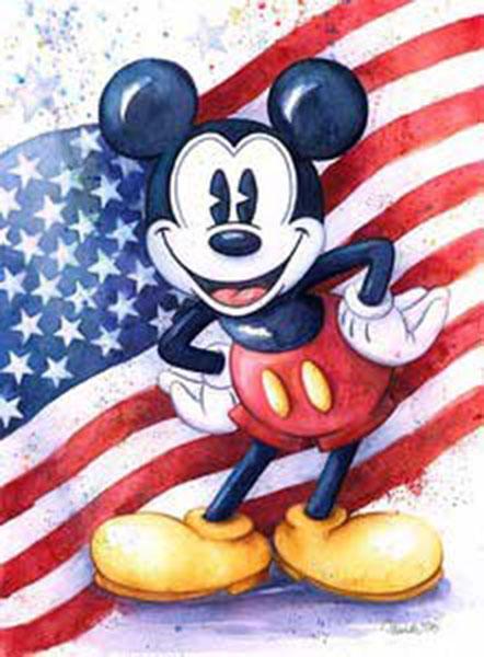 Mickey Mouse posing in front of the America Flag