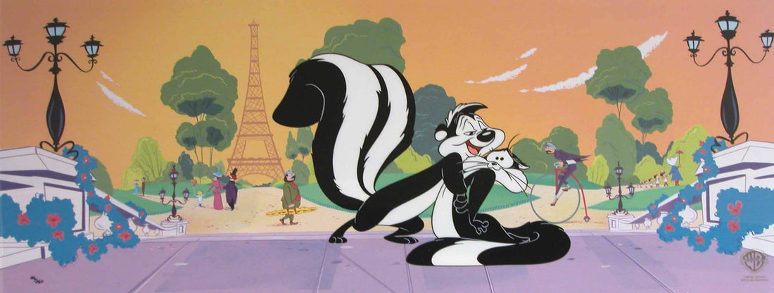 The romantic Pepe Le Pew holding Penelope in his arms.