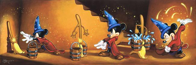 Mickey the &quot;Sorcerer&quot; is practicing his magical incantation that trigger the wood broom to dance for him