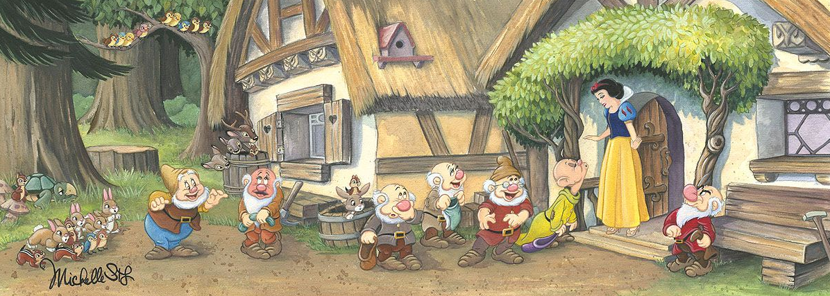 The Seven Dwarfs line up, for their kiss from Snow White.