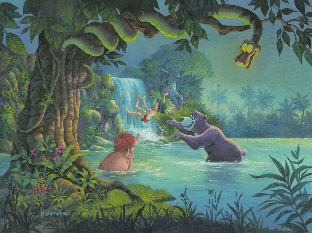 At Home in the Wild by Michael Humphries  Mowgli and his friends play in the jungle's pond.