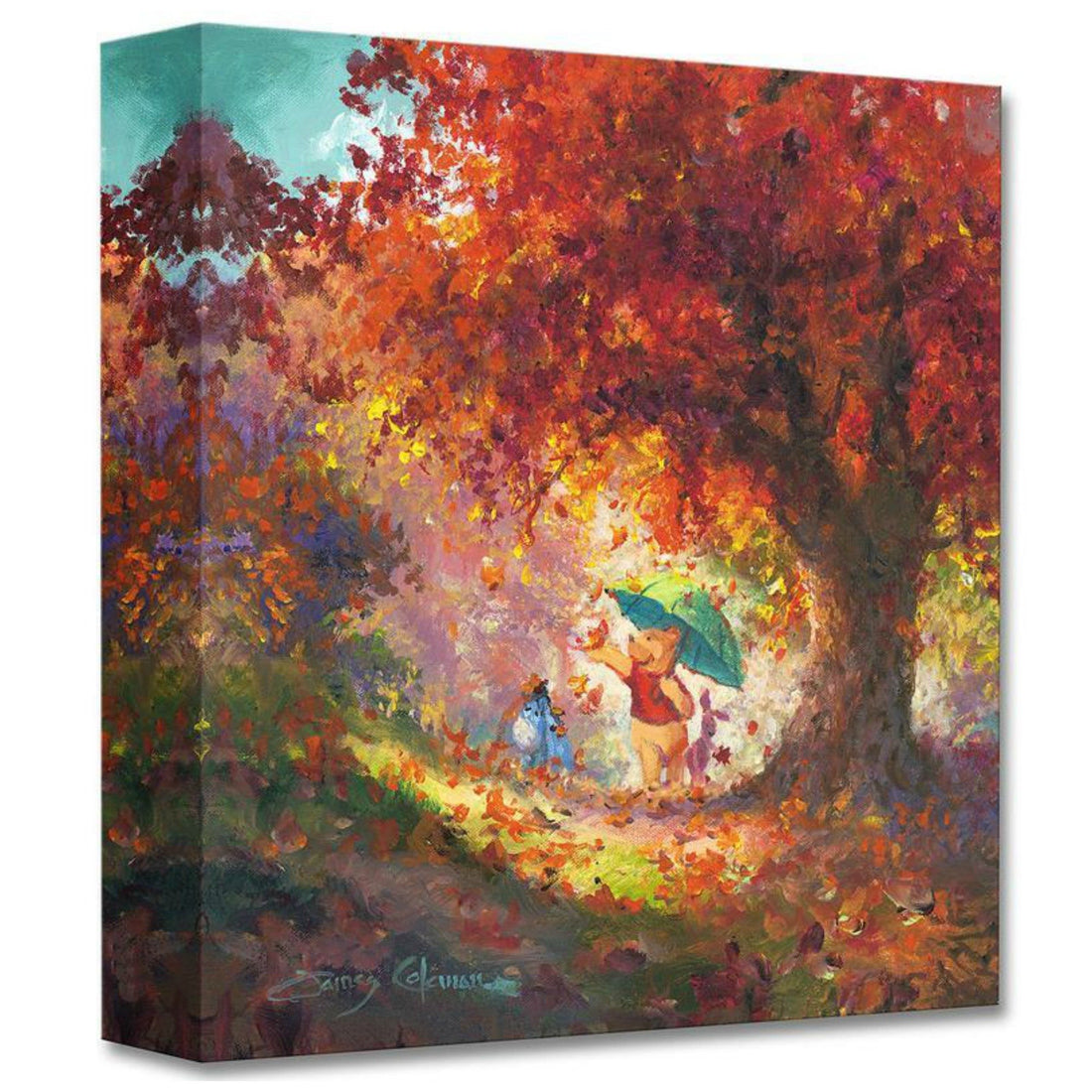 Autumn Leaves Gently Falling by James Coleman  Winnie the Pooh holding a green umbrella, to keep the fall leaving from falling on him.