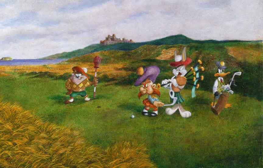 Bugs plays the Scottish bagpipes at the golf course with Daffy Duck, Taz, and Yosemite Sam.