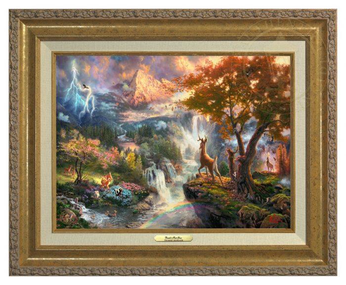 Bambi is on a rocky precipice overlooking the terrain of his kingdom and the four seasons of his first year -Antique Gold Frame