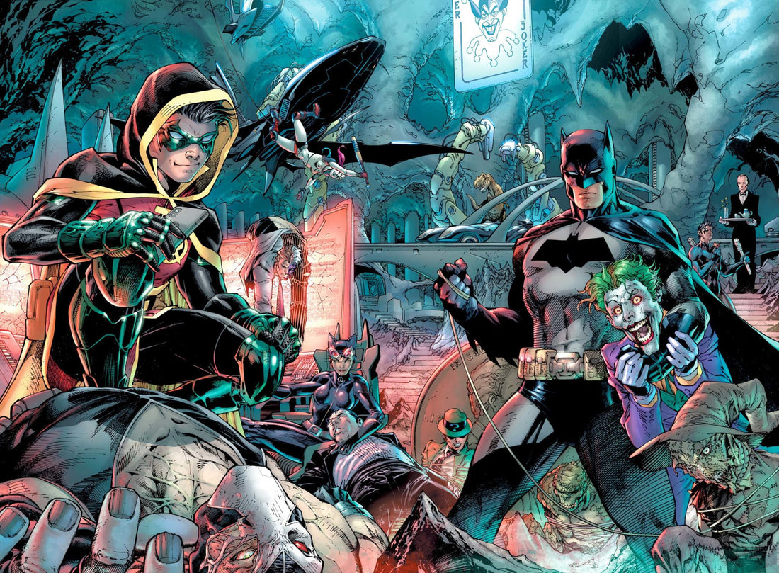 Batman and Robin embattled with the Joker.