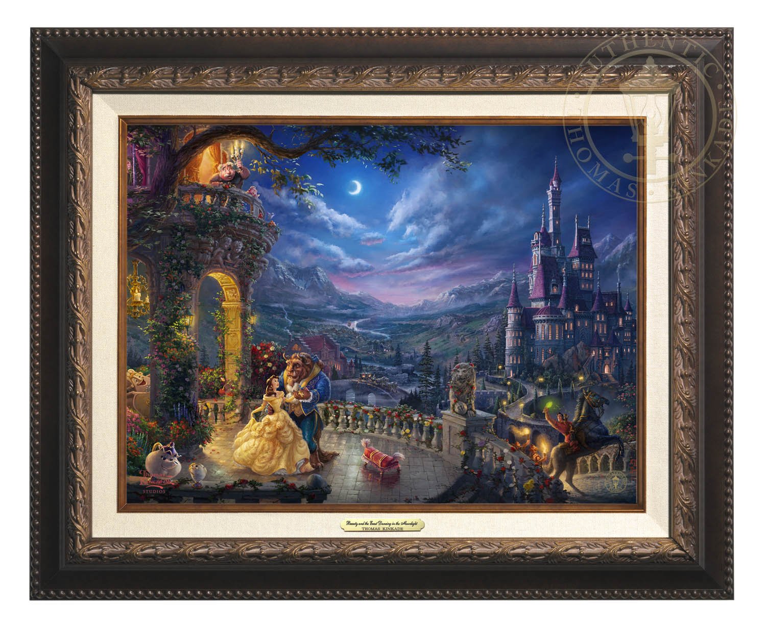 Belle and the Beast celebrate their love under the dreamy moonlit sky, with all their friend enjoying the moments - Aged Bronze Frame