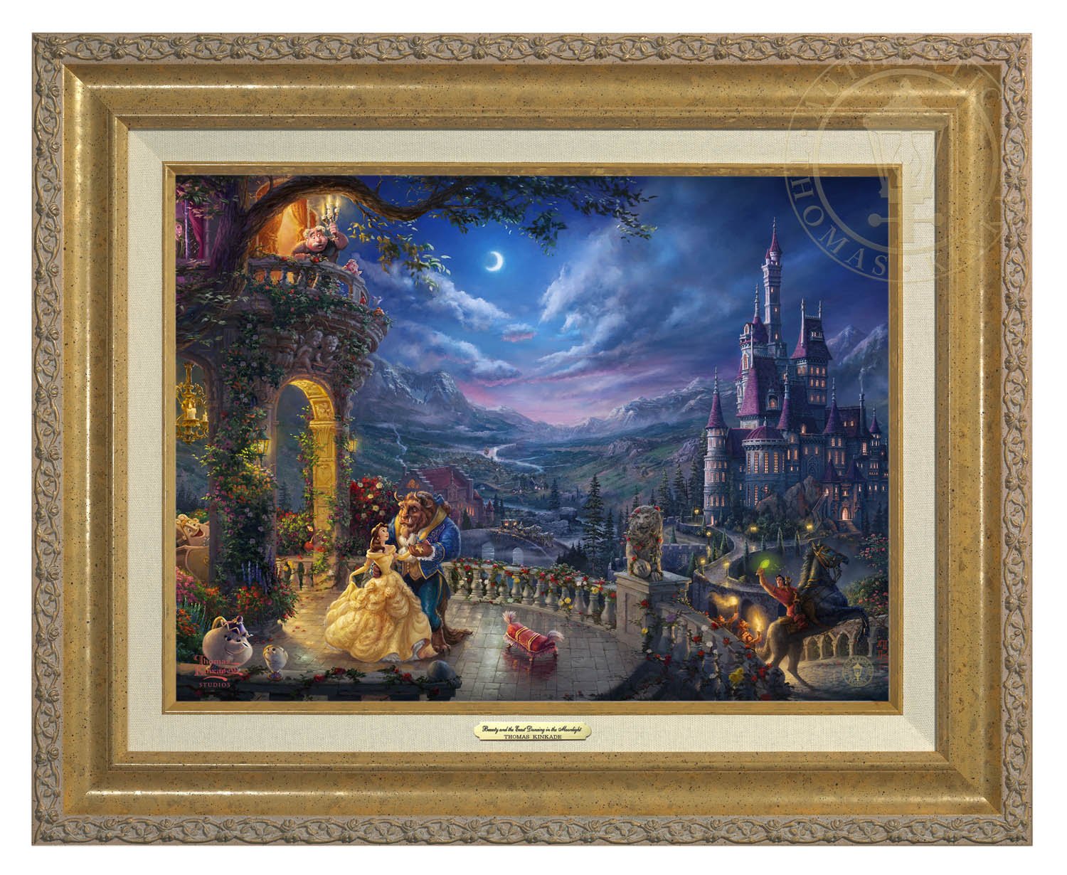 Belle and the Beast celebrate their love under the dreamy moonlit sky, with all their friend enjoying the moments - Antique Gold Frame